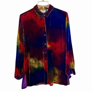 Chico's Velvet Silk Blouse Long Sleeve Bright Colors Artsy Boho 1 8-10 M